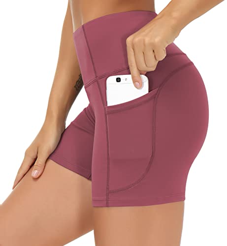 THE GYM PEOPLE High Waist Yoga Shorts for Women's Tummy Control Fitness Athletic Workout Running Shorts with Deep Pockets Rose Red