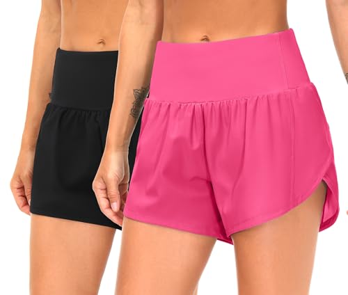 THE GYM PEOPLE 2 Pack Womens High Waist Running Workout Shorts with Pockets