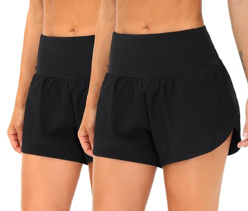 THE GYM PEOPLE 2 Pack Womens High Waist Running Workout Shorts with Pockets