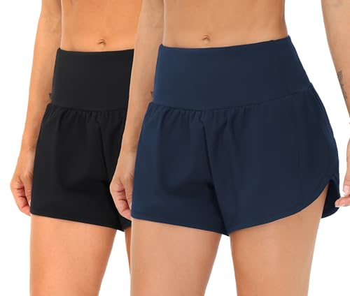 THE GYM PEOPLE 2 Pack Womens High Waist Running Workout Shorts with Pockets