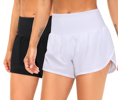 THE GYM PEOPLE 2 Pack Womens High Waist Running Workout Shorts with Pockets