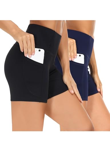 THE GYM PEOPLE 2 Pack Women's High Waist Workout Yoga Shorts 5"