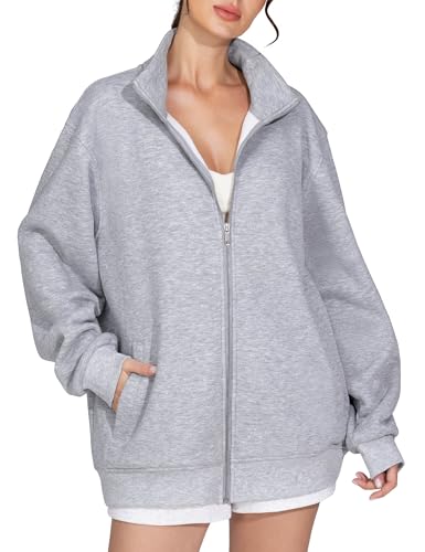 THE GYM PEOPLE Women's Oversized Zip Up Sweatshirts Fleece Mock Neck Jacket