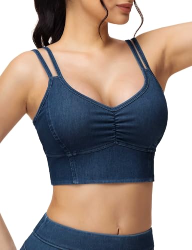 THE GYM PEOPLE Women's Denim Crop Tops V-Neck Padded Strappy Jean Camisole