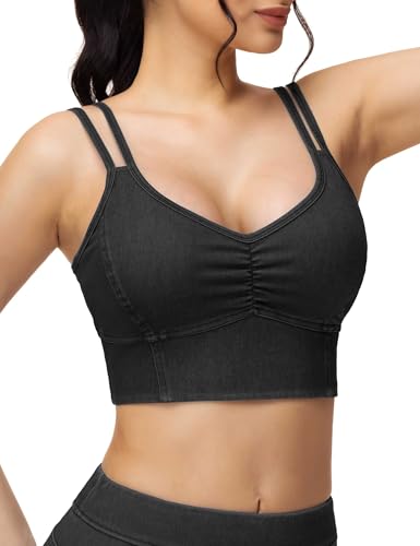 THE GYM PEOPLE Women's Denim Crop Tops V-Neck Padded Strappy Jean Camisole