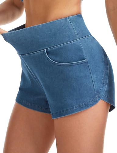 THE GYM PEOPLE Women's Pull On Jean Shorts Stretchy High Waist Denim Short