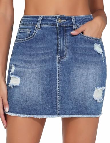 THE GYM PEOPLE Women's Ripped Denim Mini Skirts Stretchy Trendy Jean Skirt